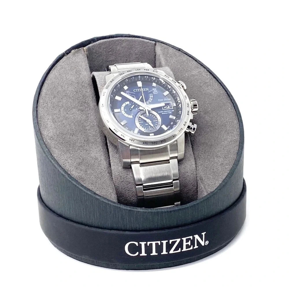 Citizen Eco-Drive World Time A-T Bracelet Watch Solar Silver-Toned w/ Blue Face - Picture 12 of 13